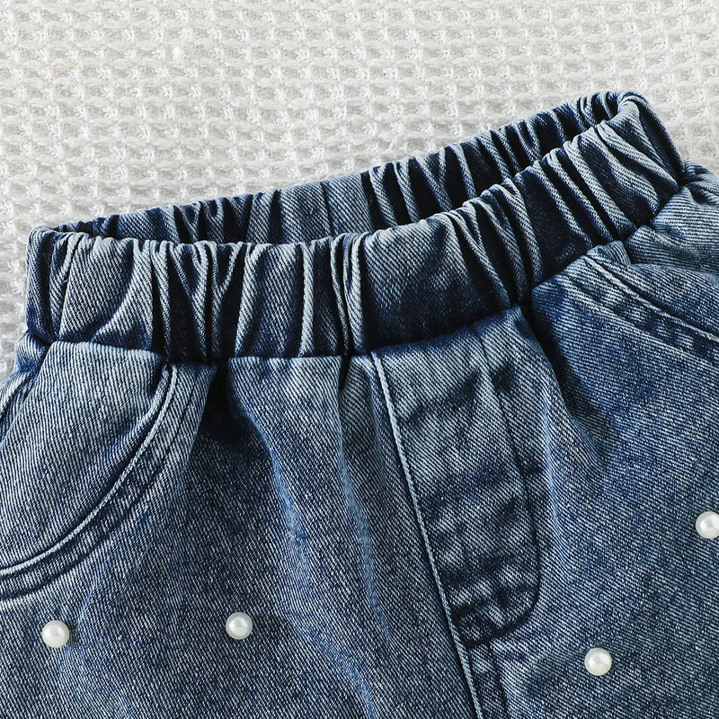 Girls Pink Pearl Bow Lace Top With Denim Shorts Sets Sets