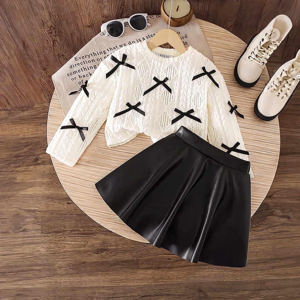 Girls Off White Bow Applique Round Neck Top With Faux Leather Skirt Sets 2 pc. Sets Off White 3-4 Y