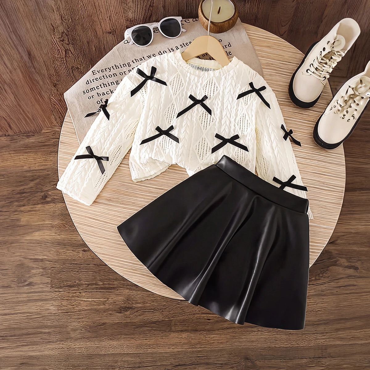 Girls Off White Bow Applique Round Neck Top With Faux Leather Skirt Sets 2 pc. Sets Off White 3-4 Y