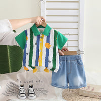 Boys Green Stripe Printed Short Sleeves Shirt With Denim Shorts Set 2 pc. Sets Green 1-2 Y