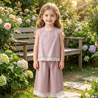 Girls Pink Bow Applique Sleeveless Top With Pants Sets 2 pc. Sets Pink 1-2 Y