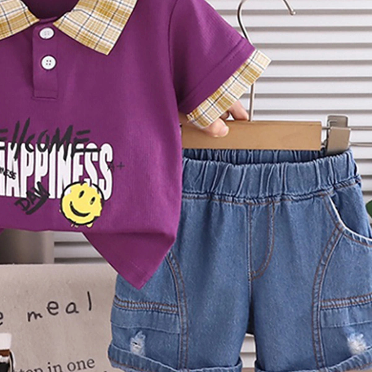 Boys Purple Smiley Graphic Short Sleve Polo With Denim Shorts Sets 2 pc. Sets