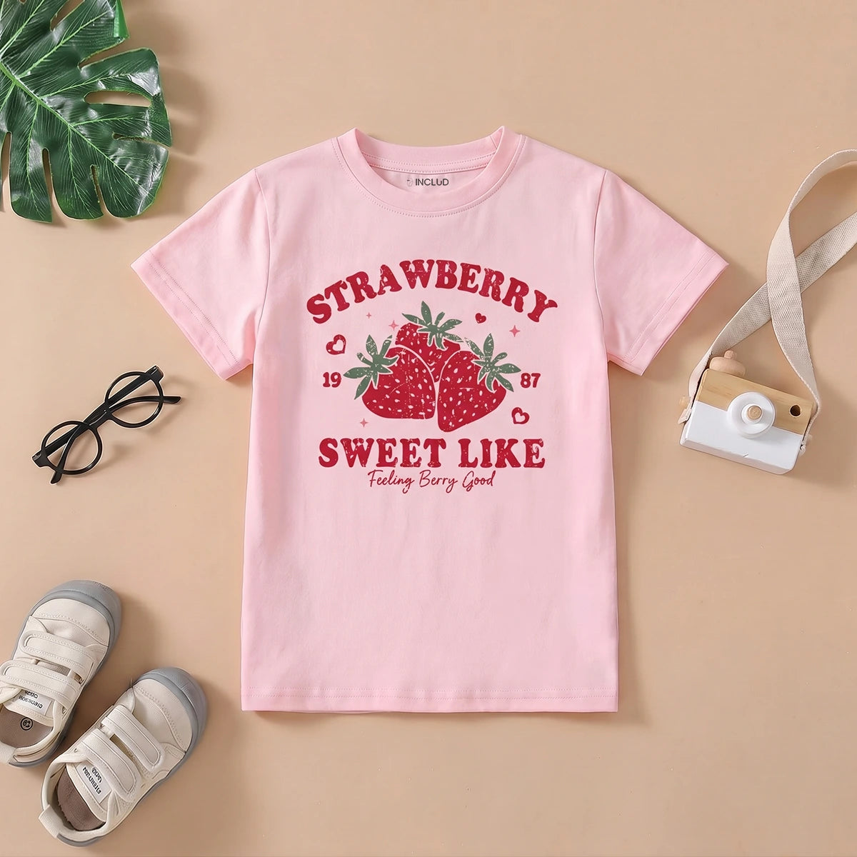 Girls Pink Strawberry Print Short Sleeve T-Shirt Tshirts Pink 2-3 Y