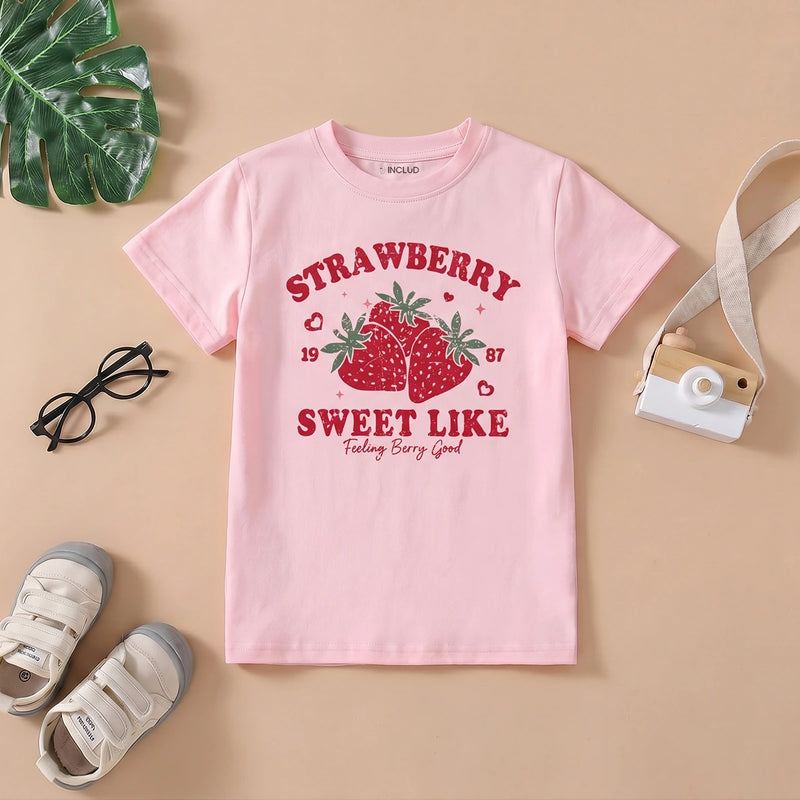 Girls Pink Strawberry Print Short Sleeve T-Shirt Tshirts Pink 2-3 Y