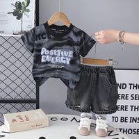 Boys Black Typographic Print T-Shirt With Denim Shorts Sets Sets Black 1-2 Y