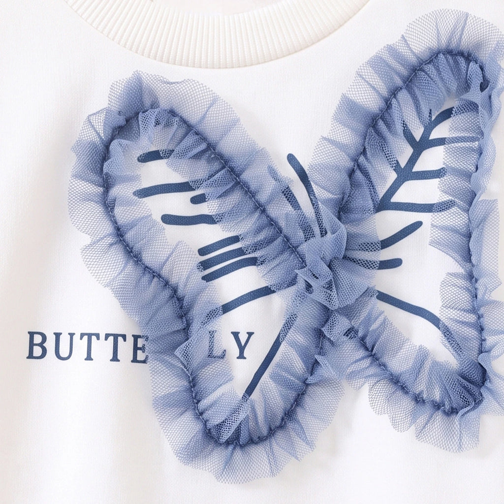 Girls White Butterfly Long Sleeve Sweatshirt With Denim Pants Sets 2 pc. Sets