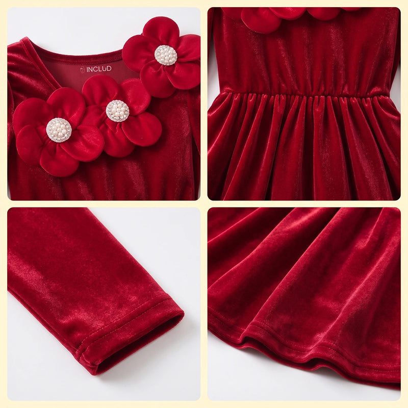 Girls Red Floral Applique Fit & Flare Dress Casual Dresses