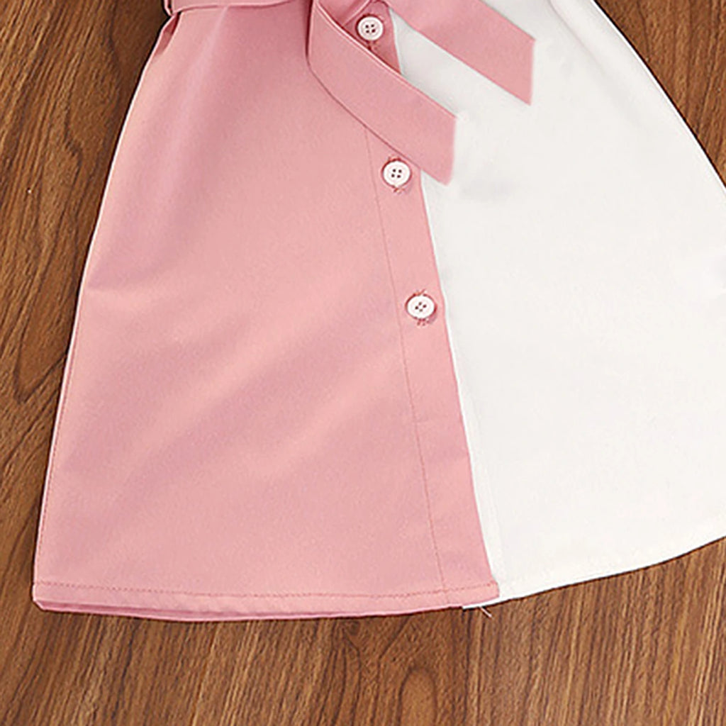 Girls Pink White Colourblocked Puff Sleeve Shirt Dress Casual Dresses