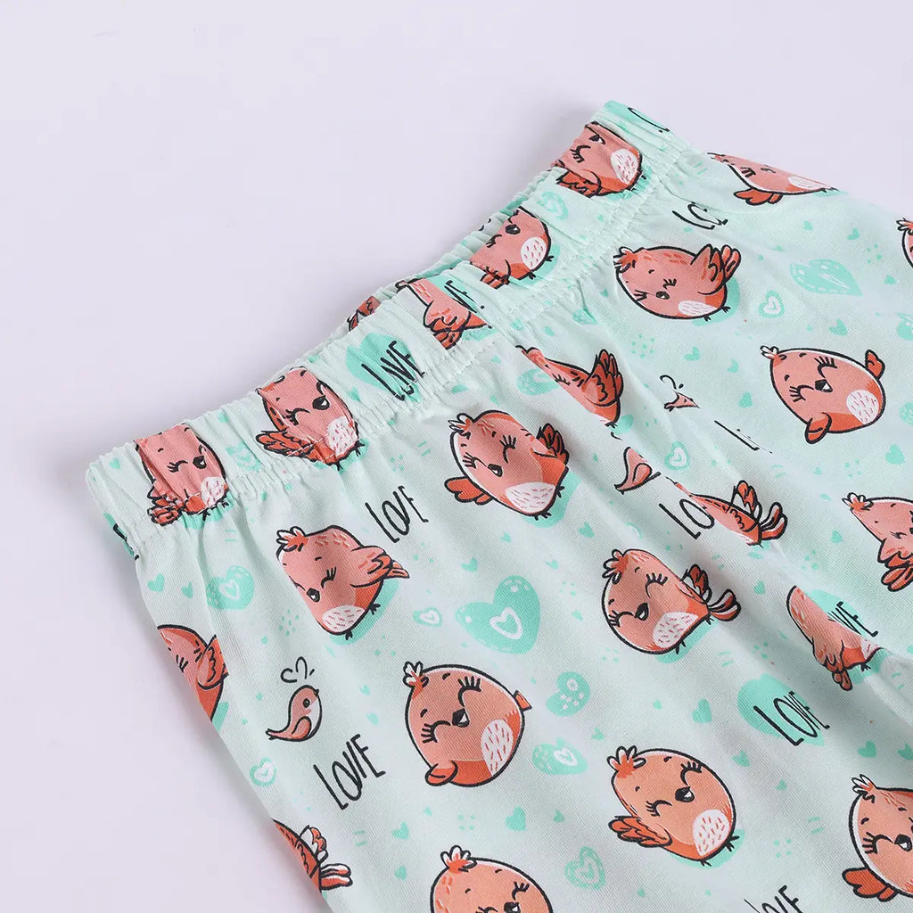 Girls Sea Green Bird Print Short Sleeve Shirt With Elasticated Pants Sets Sets