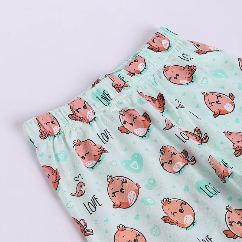 Girls Sea Green Bird Print Short Sleeve Shirt With Elasticated Pants Sets Sets