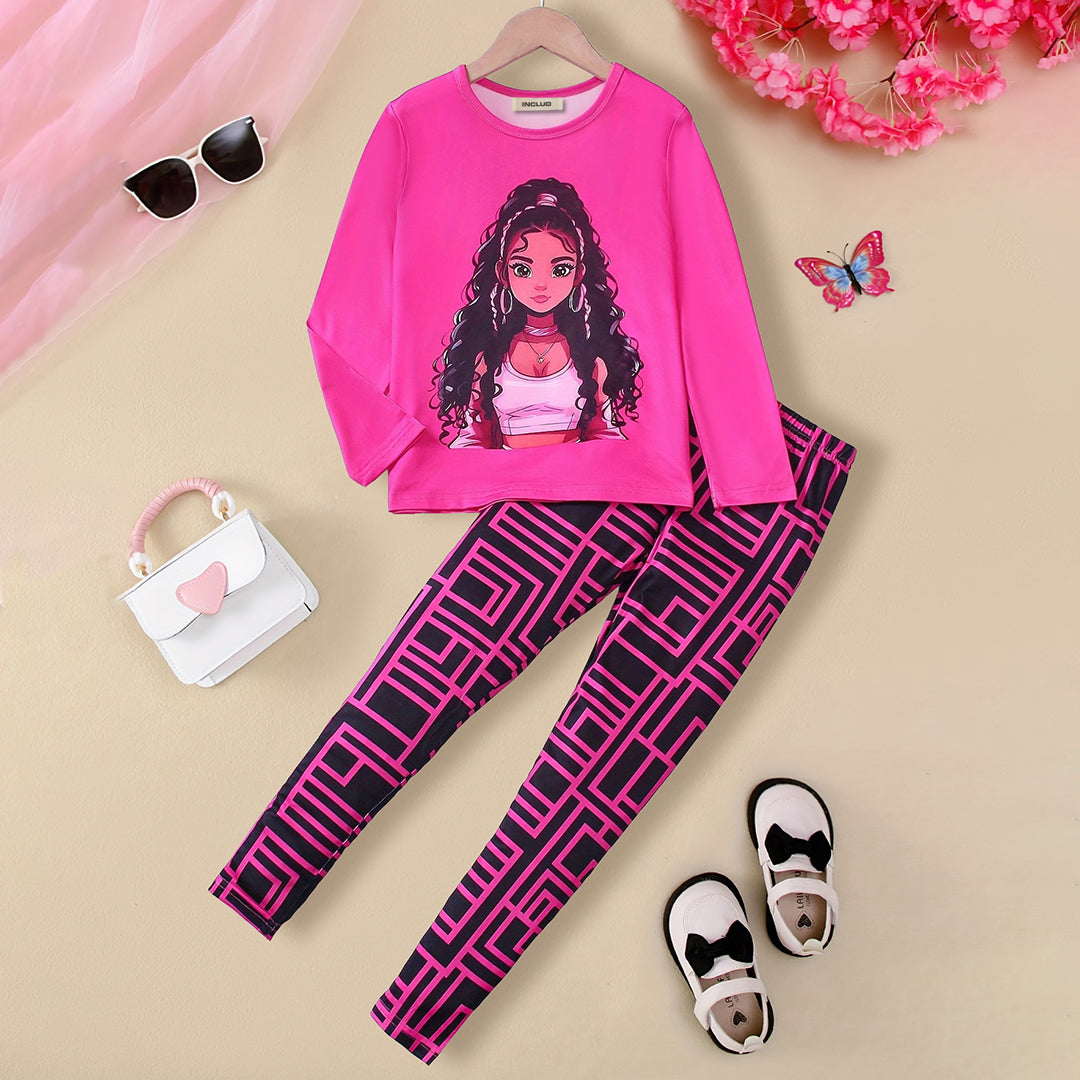 Girls Fuchsia Graphic T-Shirt With Printed Pants Set 2 pc. Sets Fuchsia 3-4 Y