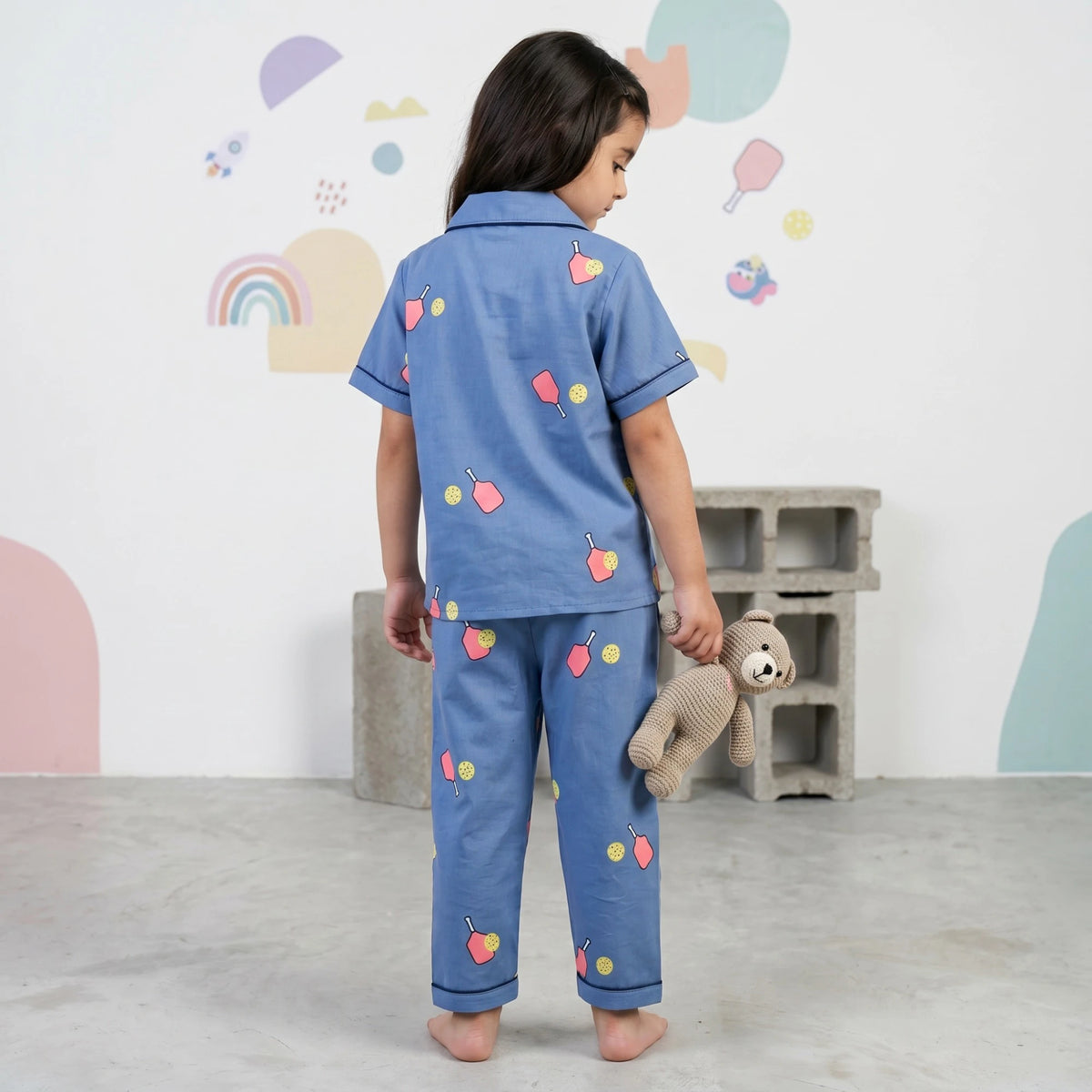 Girls Blue Printed Short Sleeve Shirt With Printed Pyjama Sets Sets