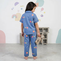 Girls Blue Printed Short Sleeve Shirt With Printed Pyjama Sets Sets