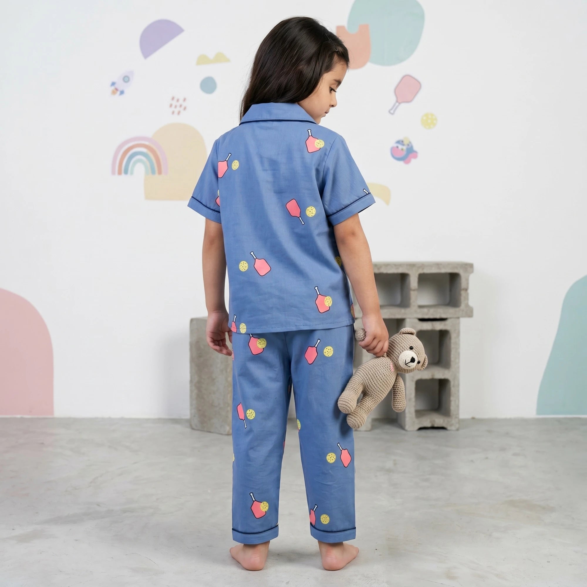 Girls Blue Printed Short Sleeve Shirt With Printed Pyjama Sets Sets