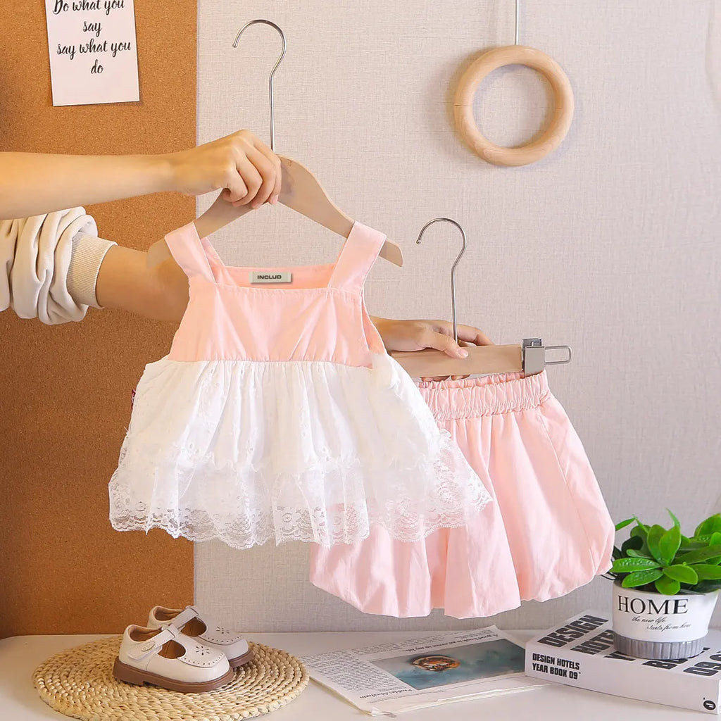 Girls Pink Sleeveless Lace Hem Top With Bloomer-style Shorts Sets Sets Pink 1-2 Y