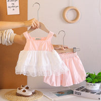 Girls Pink Sleeveless Lace Hem Top With Bloomer-style Shorts Sets Sets Pink 1-2 Y