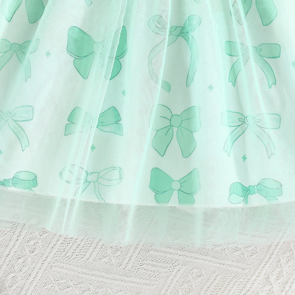 Girls Green Bow Printed Fit & Flare Summer Casual Dress Casual Dresses