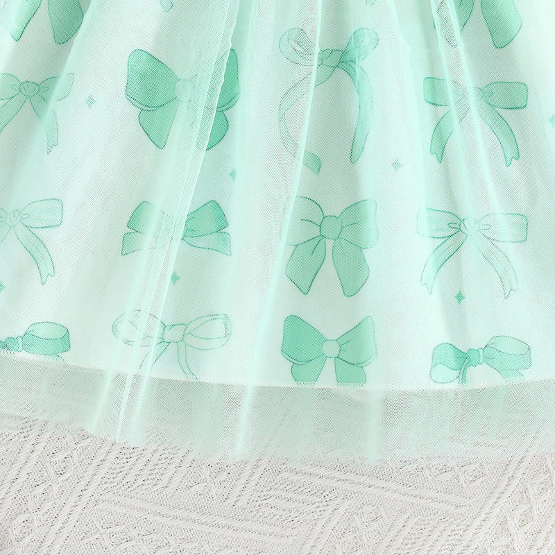 Girls Green Bow Printed Fit & Flare Summer Casual Dress Casual Dresses