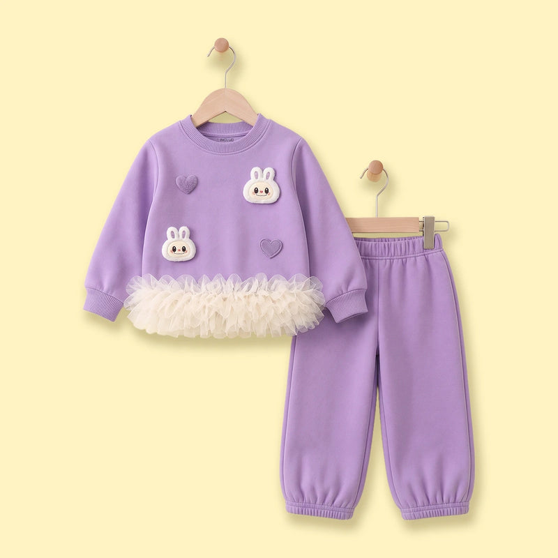 Girls Purple Bunny Applique Sweatshirt With Pants Sets Sets Purple 1-2 Y
