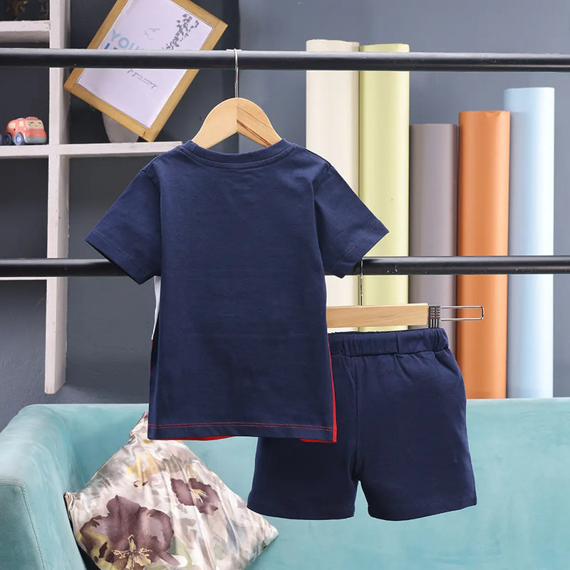 Boys Navy Blue Colorblocked Short Sleeve T-Shirt With Shorts Sets 2 pc. Sets