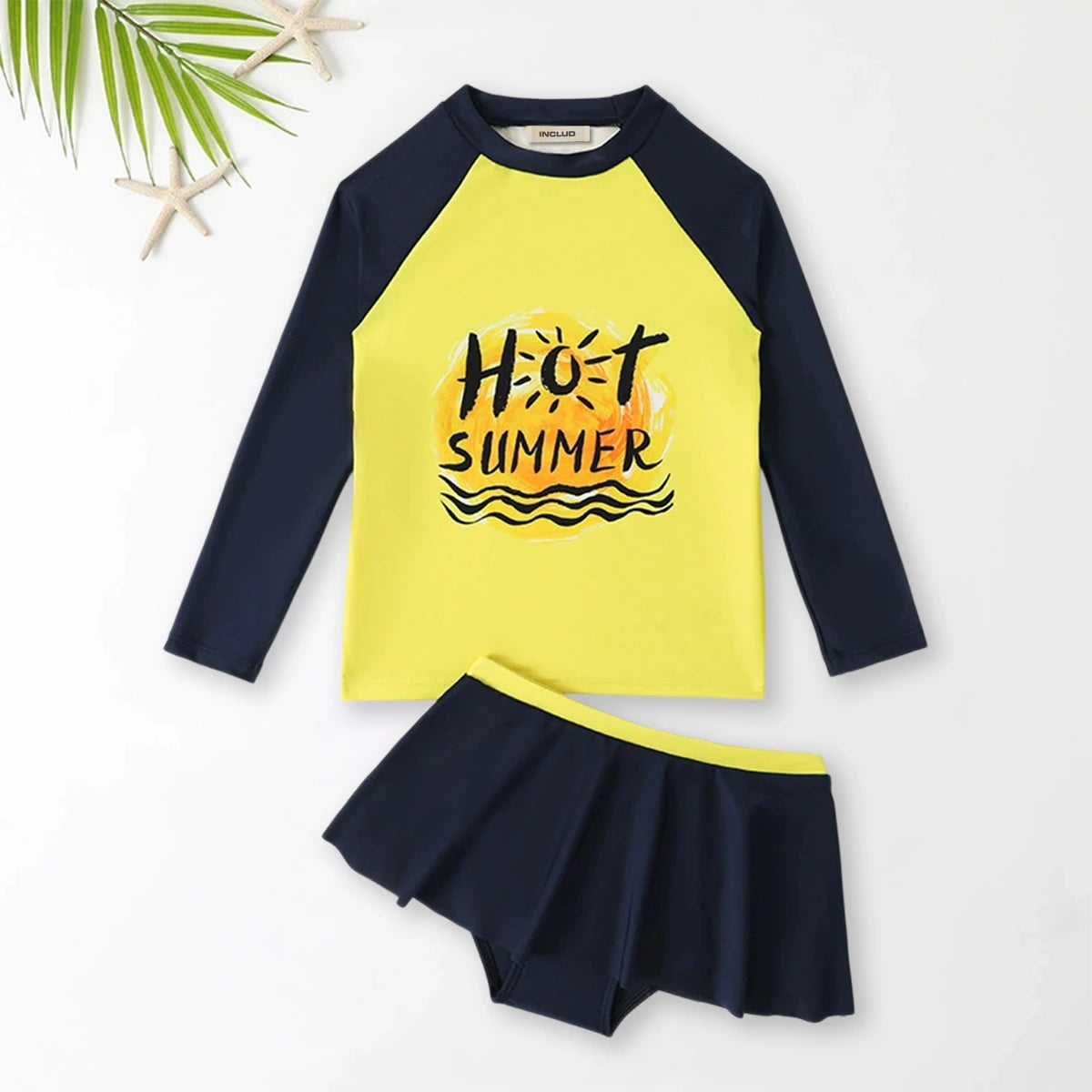 Girls Yellow Typographic Printed T-Shirt With Skorts Swimwear Sets Sets Yellow 3-4 Y