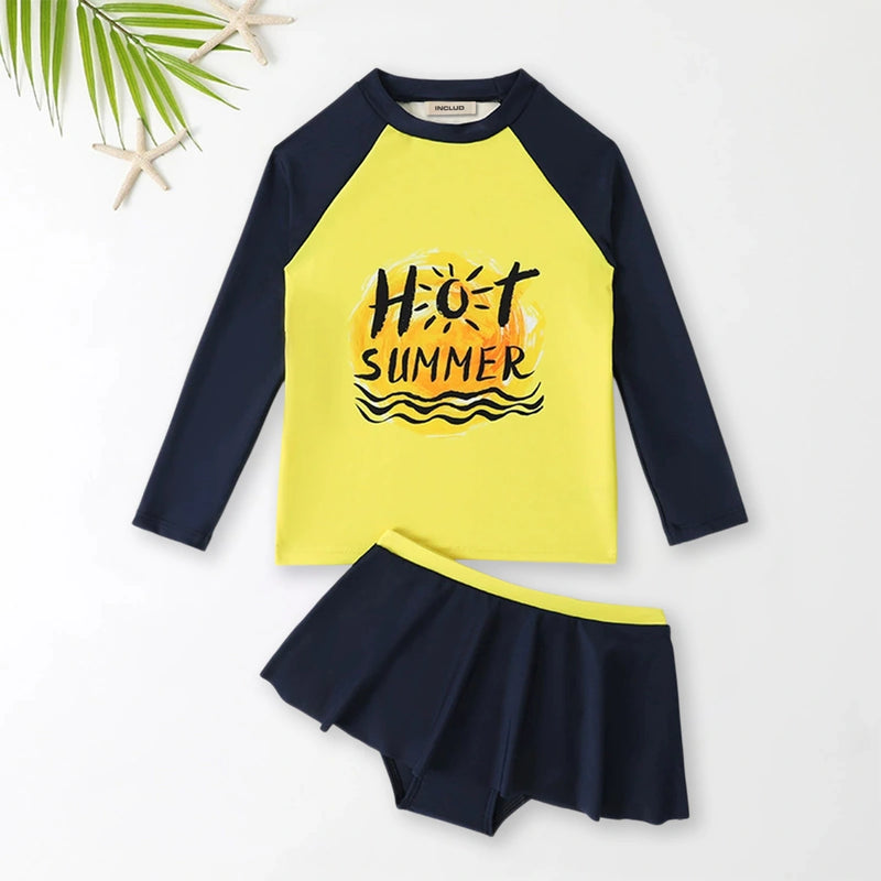 Girls Yellow Typographic Printed T-Shirt With Skorts Swimwear Sets Sets Yellow 3-4 Y