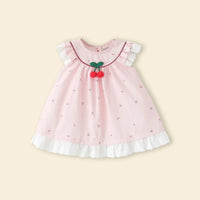 Girls Light Pink Printed Cherry Applique A-line Dress Casual Dresses
