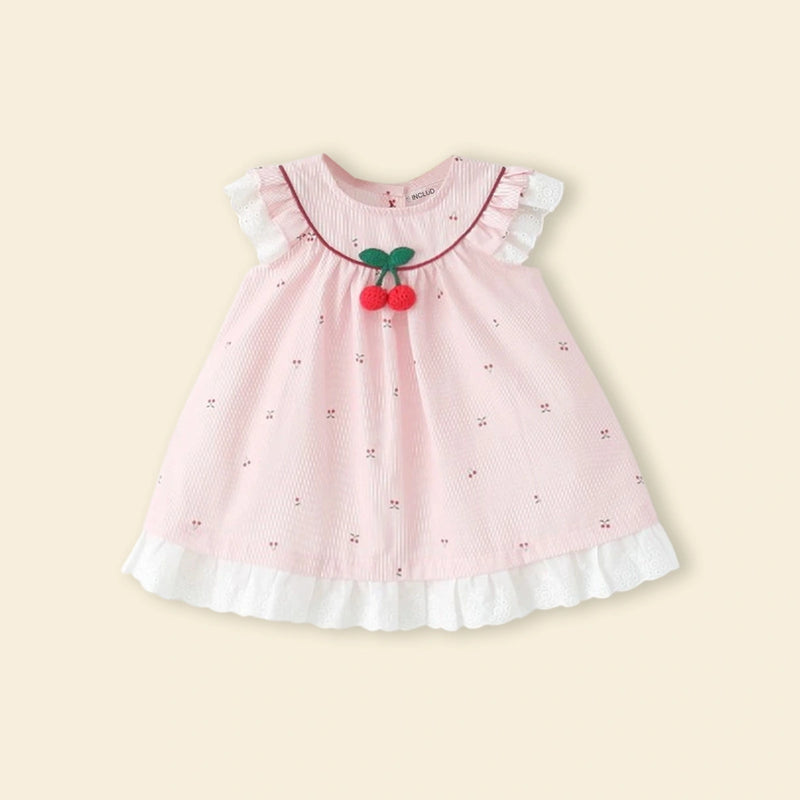 Girls Light Pink Printed Cherry Applique A-line Dress Casual Dresses