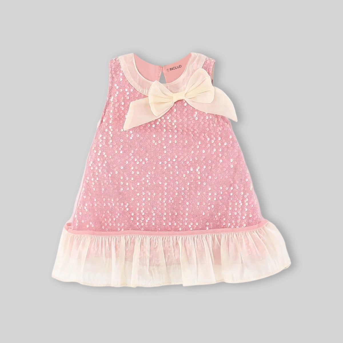 Girls Pink Sequined Sleveless A-Line Dress With Bow Detail Casual Dresses