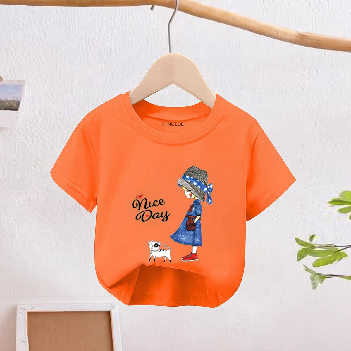Girls Orange Nice Day Typography Print Short Sleeve T-Shirt Tshirts