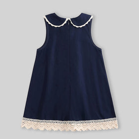 Girls Navy Blue Lace Detailed Peter Pan Collar A-Line Dress Casual Dresses