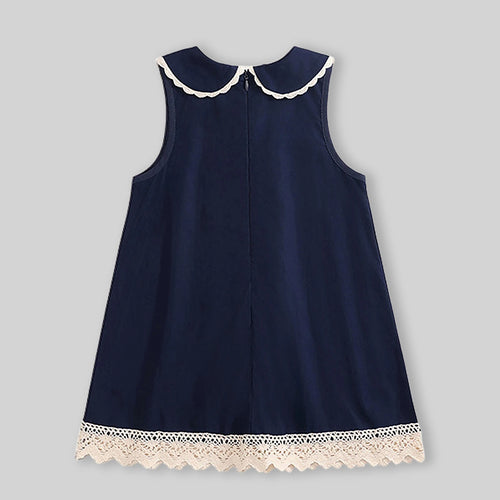 Girls Navy Blue Lace Detailed Peter Pan Collar A-Line Dress Casual Dresses