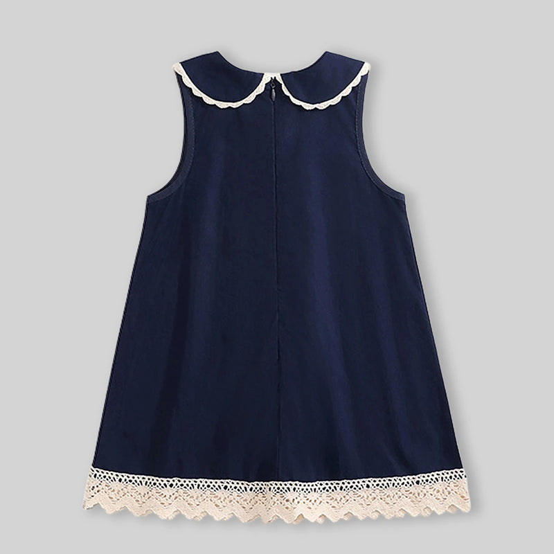 Girls Navy Blue Lace Detailed Peter Pan Collar A-Line Dress Casual Dresses