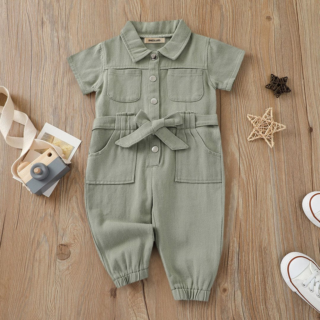 Girls Green Solid Twill Jumpsuit