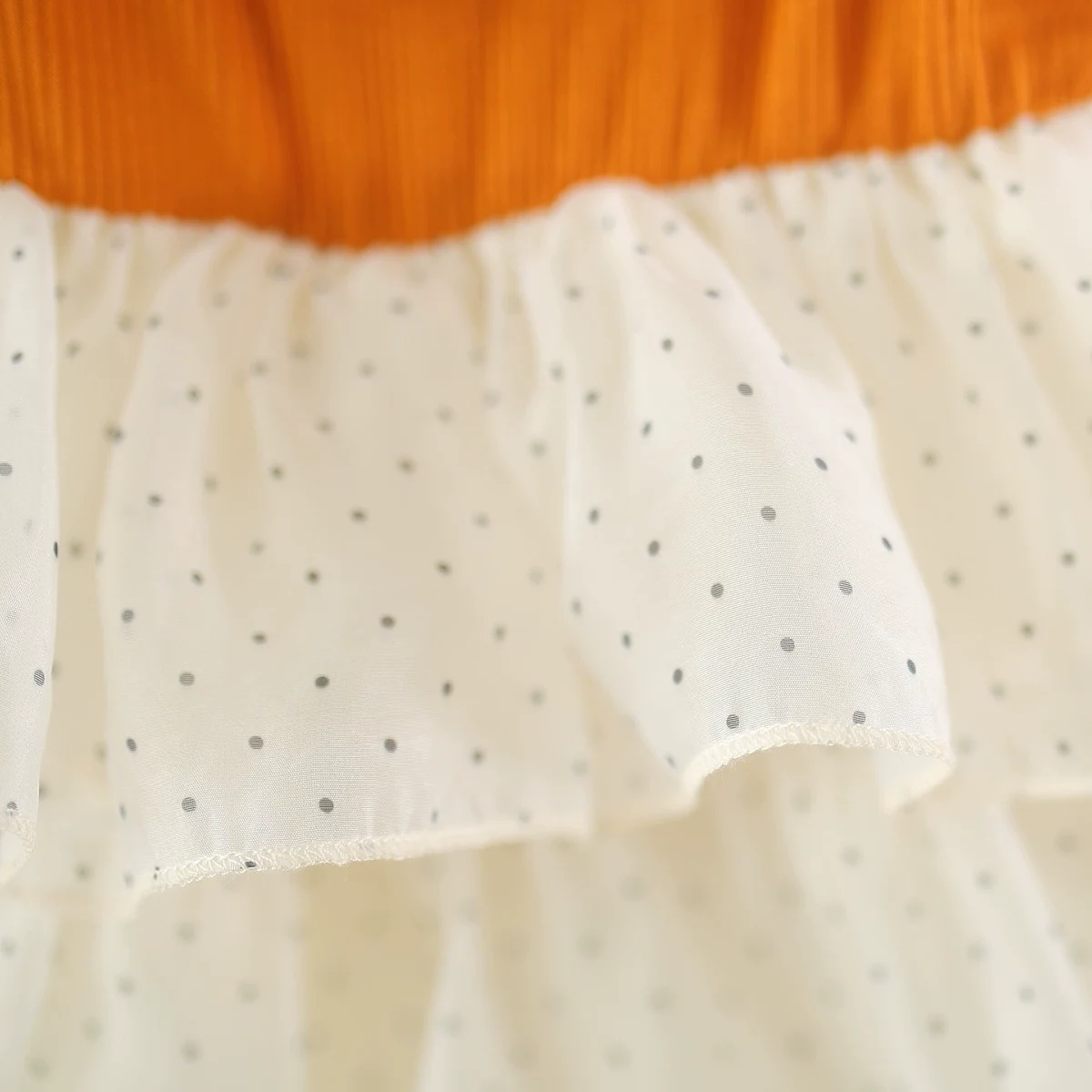 Girls Orange Polka Dot Print Fit & Flare Dress With Mushroom Applique Casual Dresses