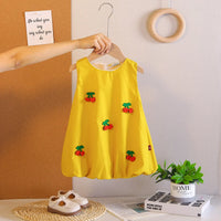 Girls Yellow Cherry Applique Sleeveless Balloon Dress Casual Dresses Yellow 1-2 Y