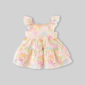 Girls Yellow Floral Print Cherry Applique Tiered A-Line Dress Casual Dresses