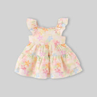 Girls Yellow Floral Print Cherry Applique Tiered A-Line Dress Casual Dresses