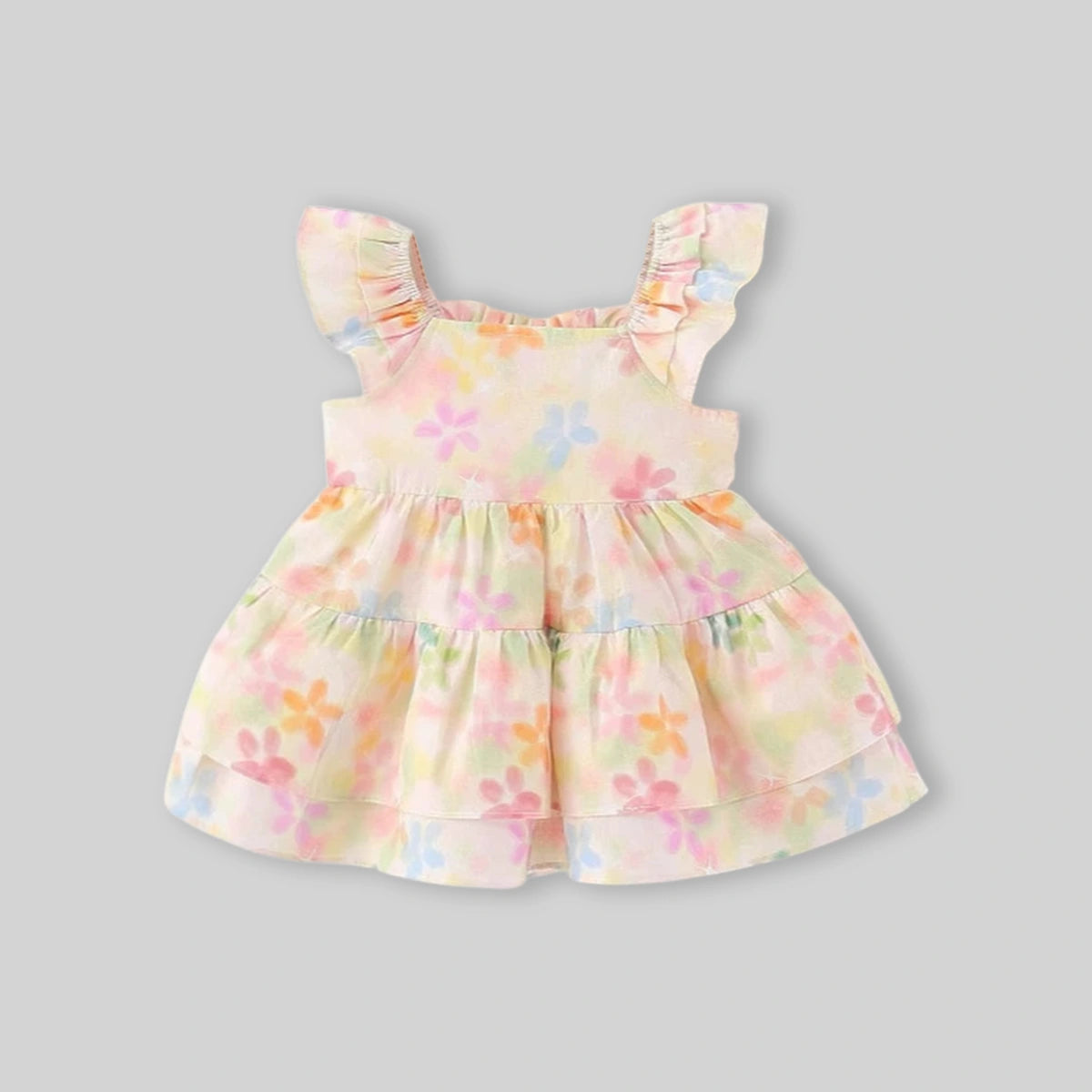 Girls Yellow Floral Print Cherry Applique Tiered A-Line Dress Casual Dresses