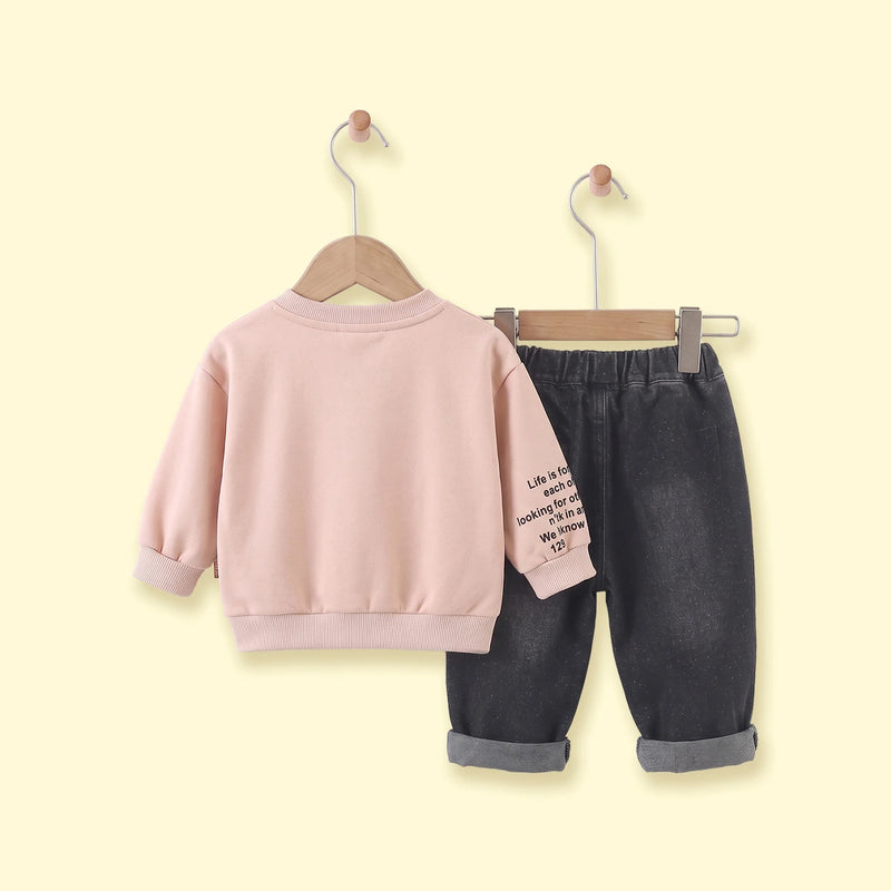 Boys Beige Typographic Sweatshirt With Denim Pants Sets 2 pc. Sets
