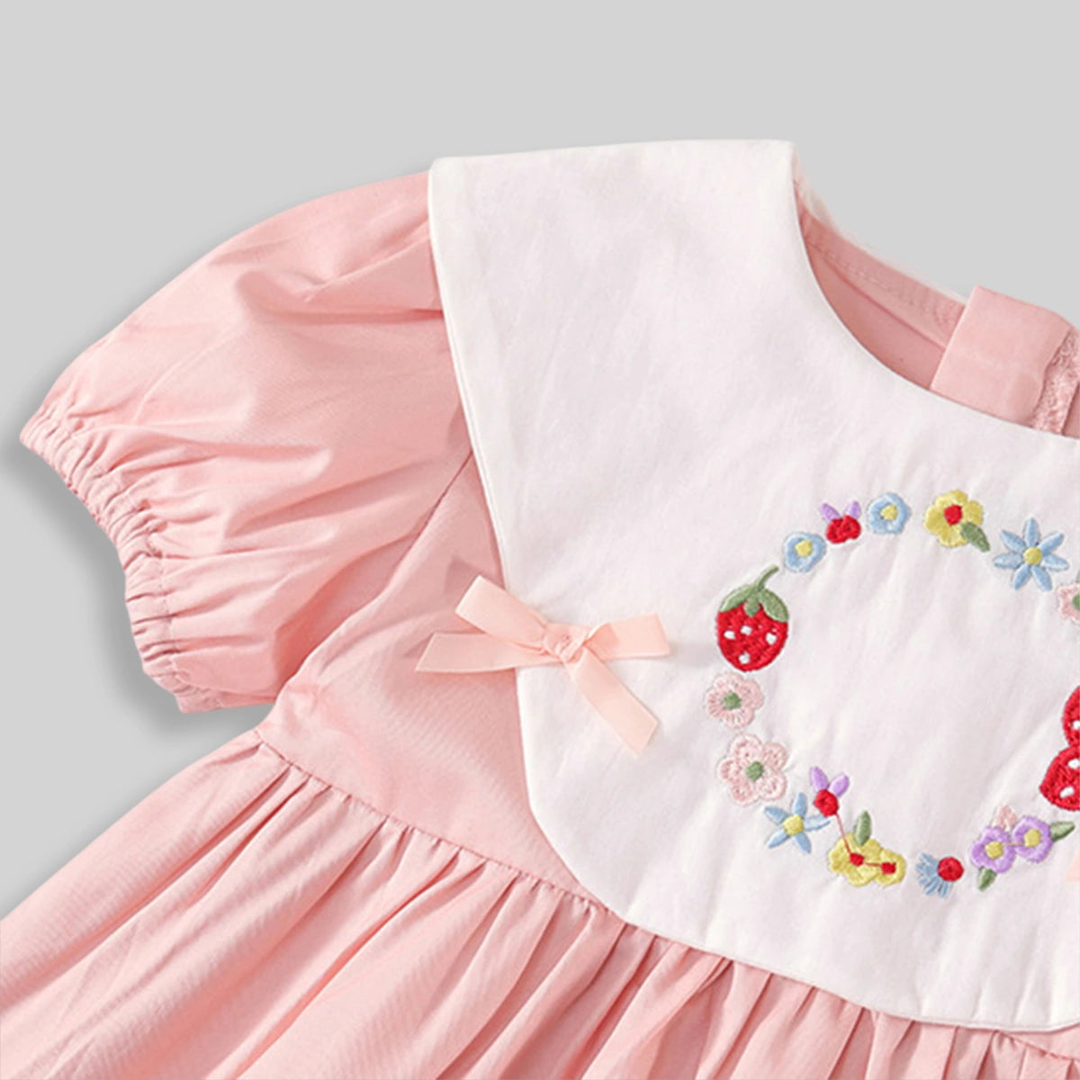 Girls Light Pink Floral Embroidered Peter Pan Collar Fit & Flare Dress Casual Dresses