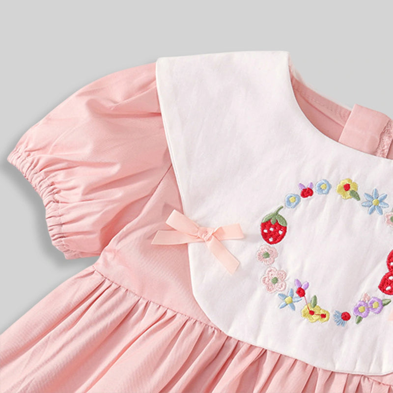 Girls Light Pink Floral Embroidered Peter Pan Collar Fit & Flare Dress Casual Dresses