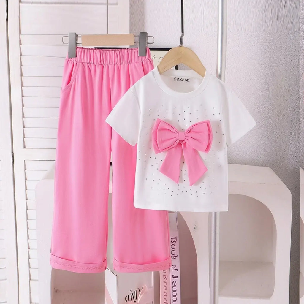 Girls White Embellished Short Sleeve T-Shirt With Pants Sets 2 pc. Sets White 3-4 Y