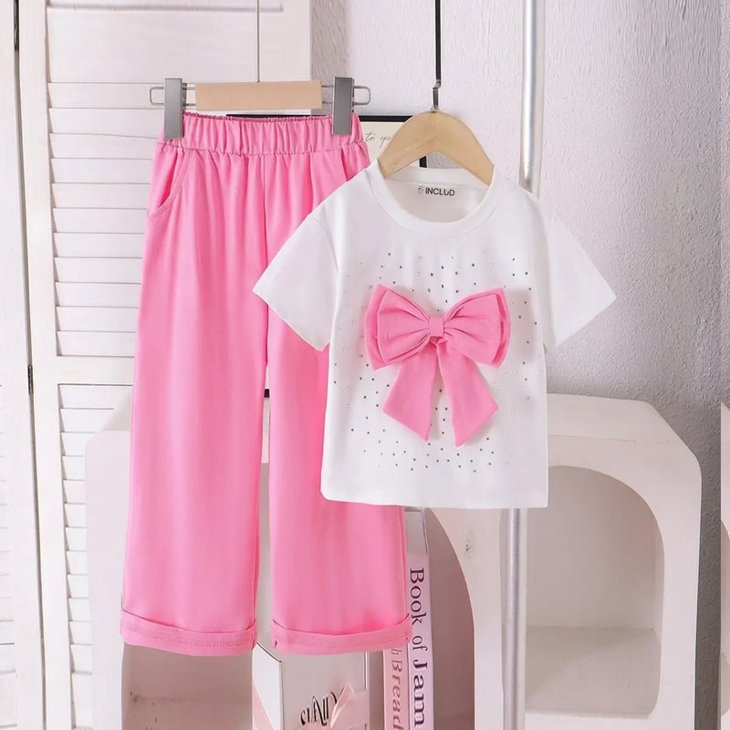 Girls White Embellished Short Sleeve T-Shirt With Pants Sets 2 pc. Sets White 3-4 Y