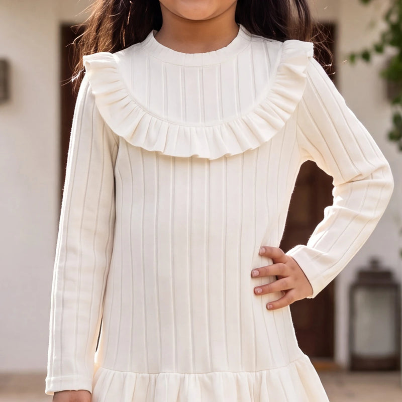 Girls Off White Textured Round Neck Fit & Flare Dress Casual Dresses