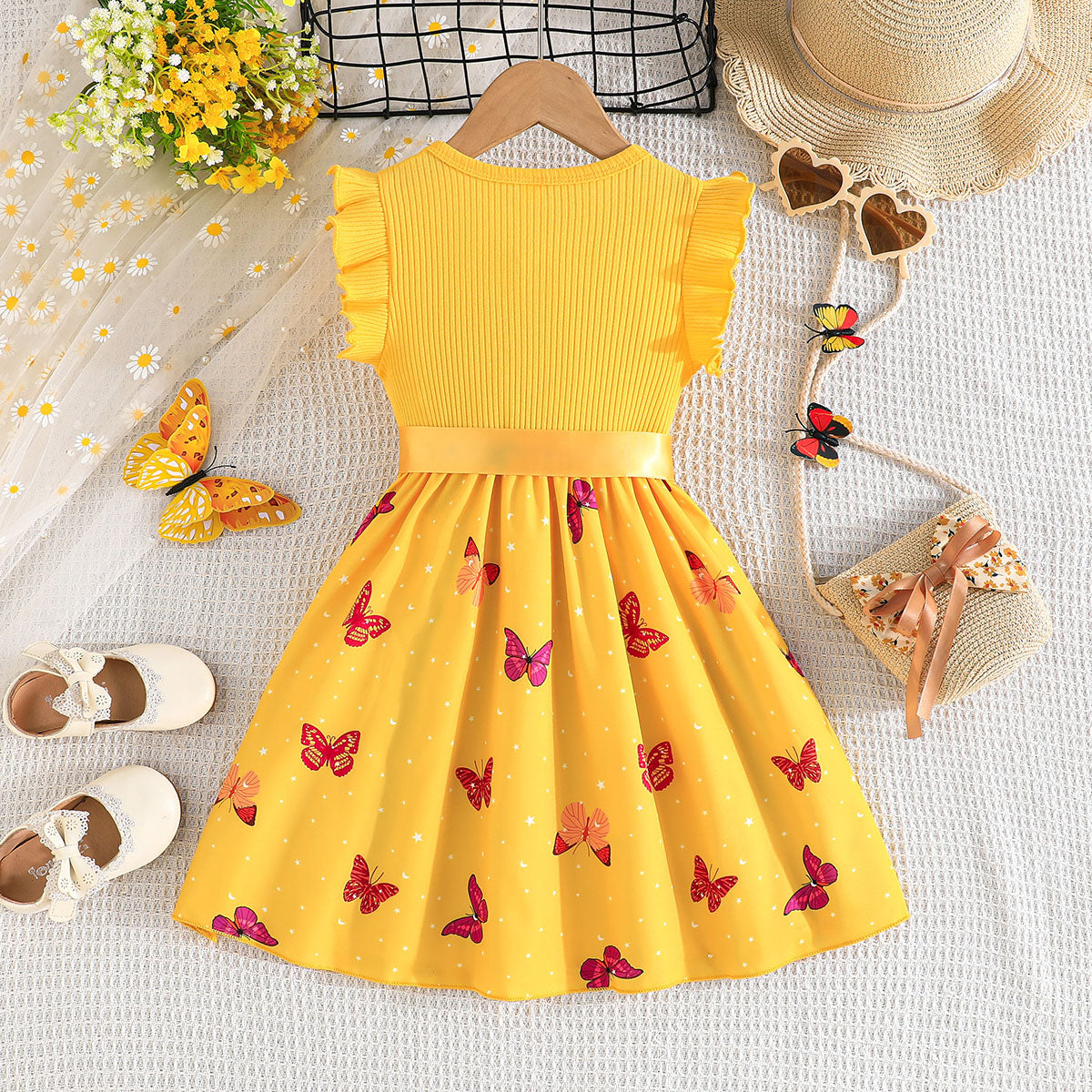 Girls Yellow Butterfly Printed Fit And Flared Casual Dress Casual Dresses