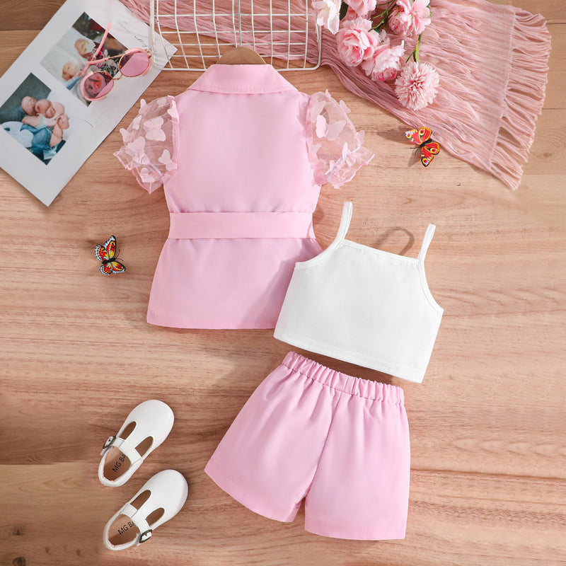 Girls Pink Short Sleeve Jackets With Camisole Top And Shorts Sets 3 pc. Sets