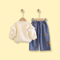Girls Cream Butterfly Embellished Sweatshirt & Denim Pants Sets Sets