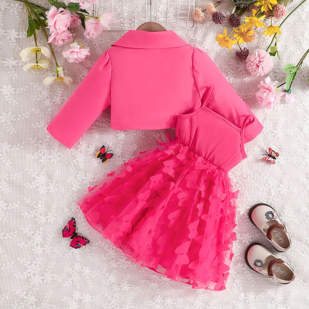Girls Dark Pink Solid Blazer Shrug With Butterfly Applique Tulle Overlay Fit And Flared Dress Casual Dresses