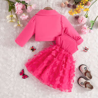 Girls Dark Pink Solid Blazer Shrug With Butterfly Applique Tulle Overlay Fit And Flared Dress Casual Dresses